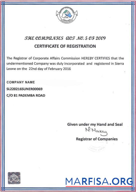 Downloadable Sierra Lione Certificate of Registration download for verification